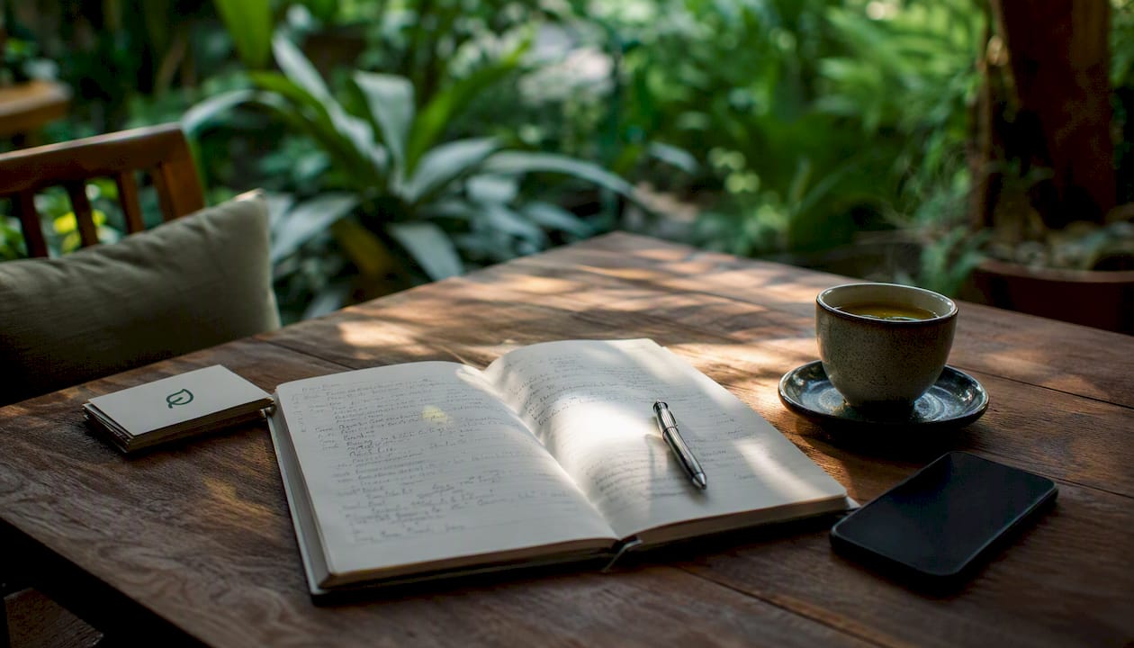 Overhead view of therapist's desk with growth strategy notes and tea cup