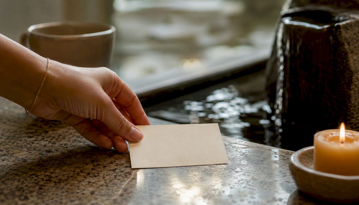 Referral card on desk with candle and plant