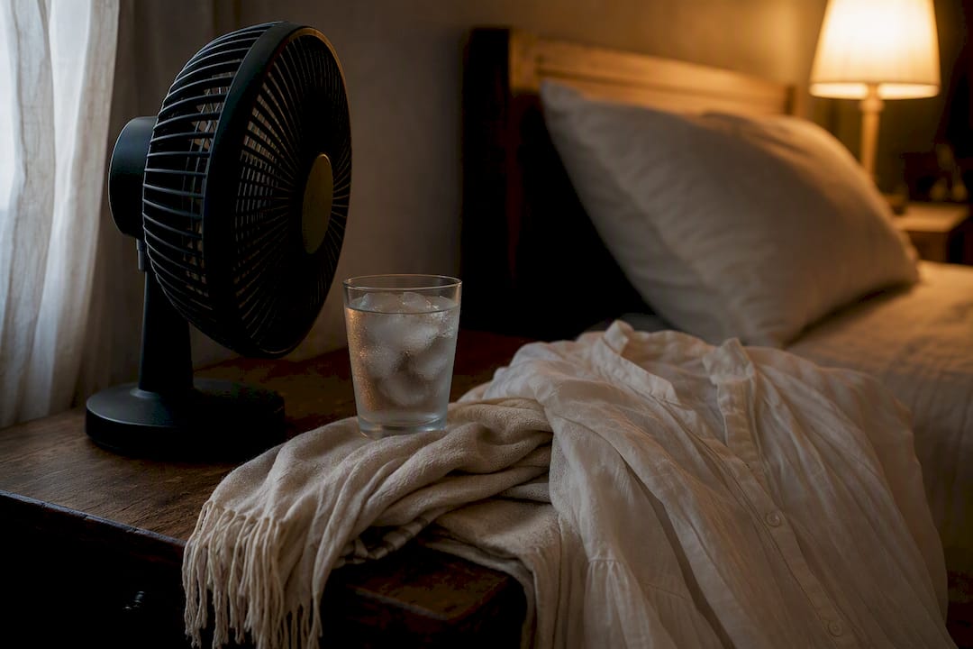 Bedside fan and ice water for cooling