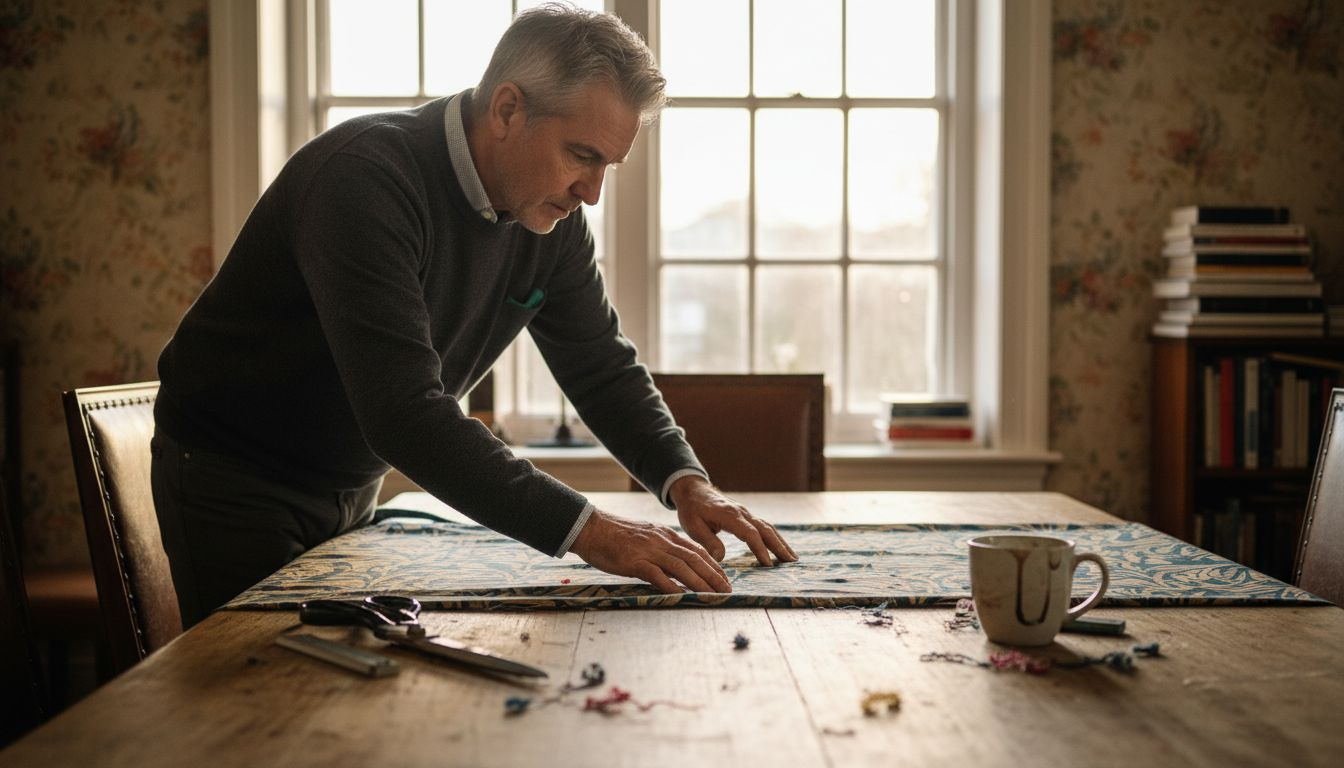 Man preparing designer fabric for sewing drapes