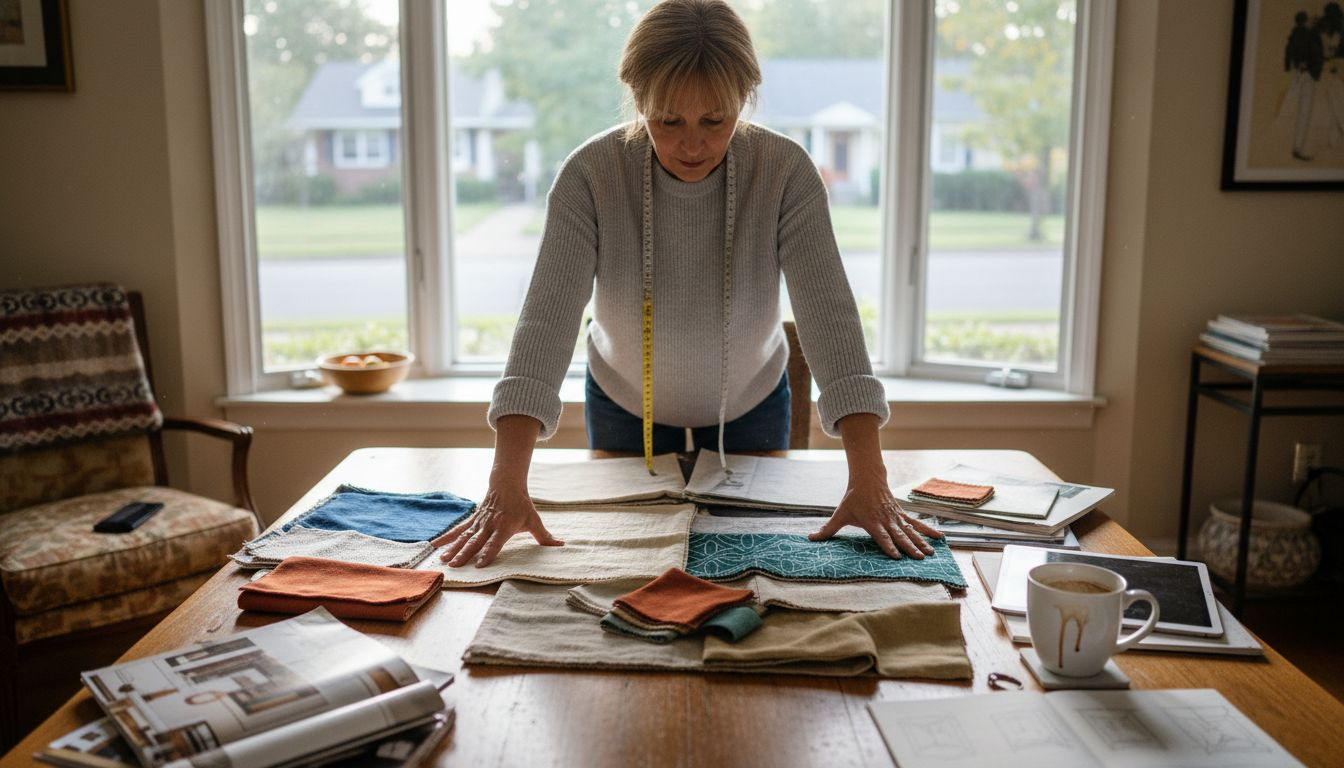Designer displaying drapery fabric samples