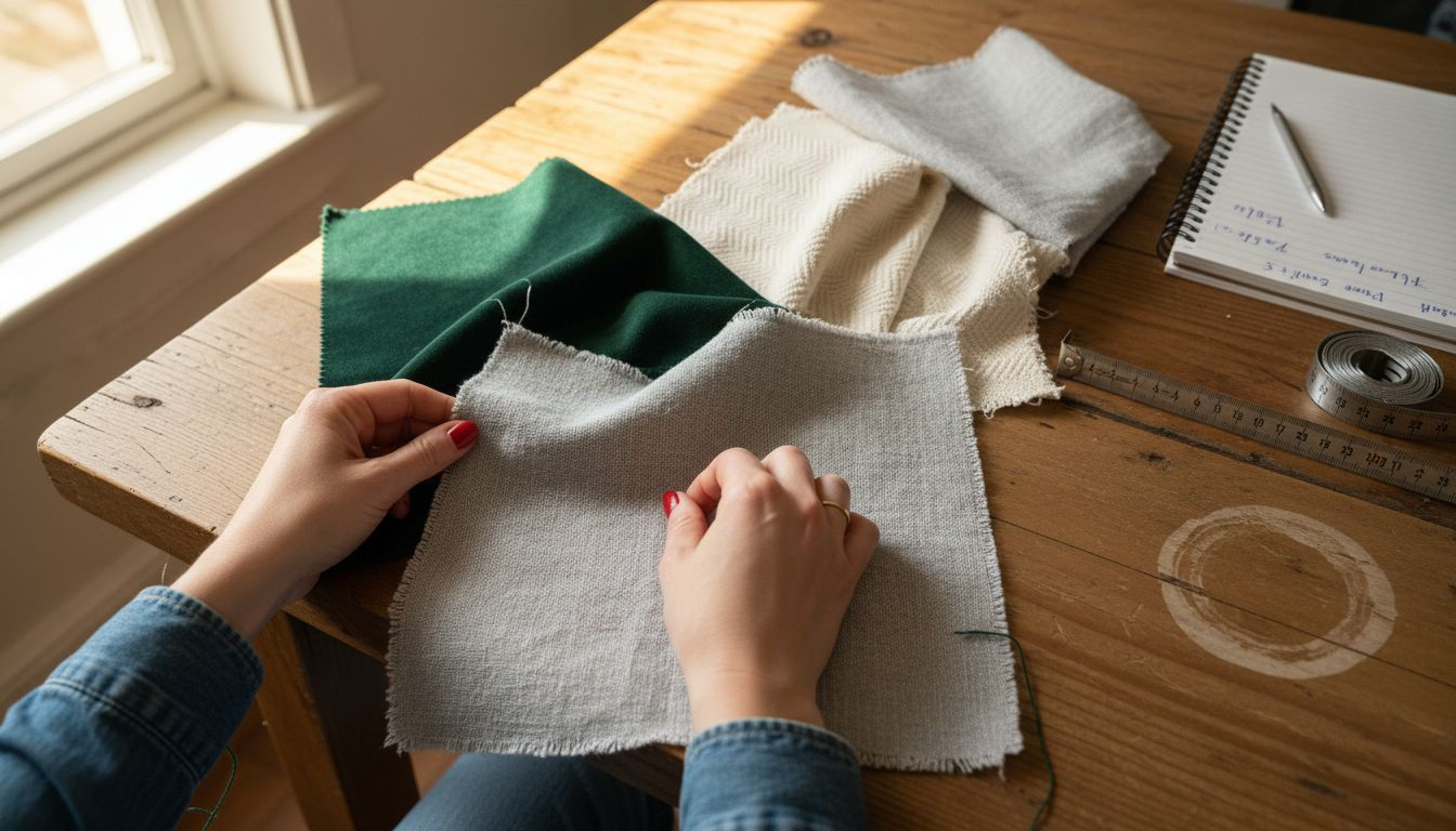 Selecting ready-made curtain fabric samples on table