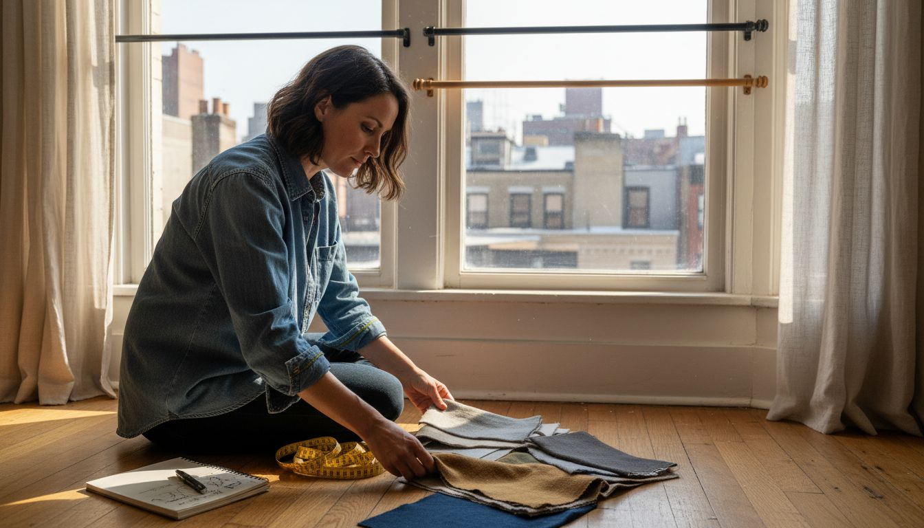 Designer selecting fabric samples by window