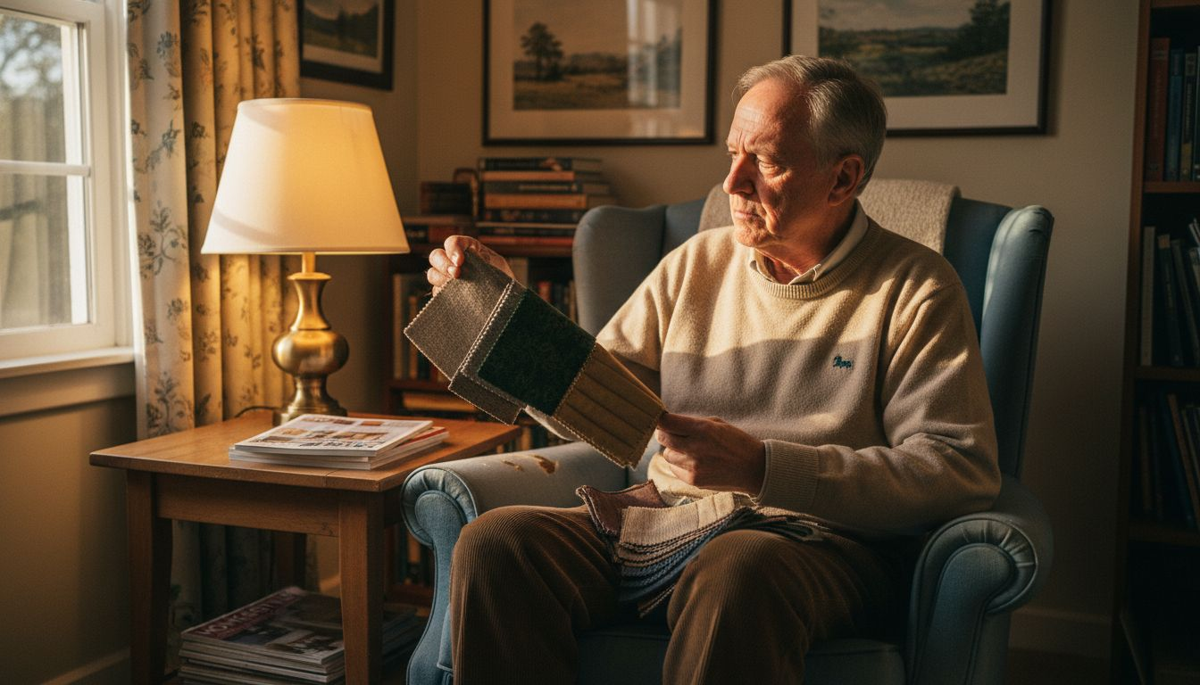 Man inspecting curtain fabric samples for light effect
