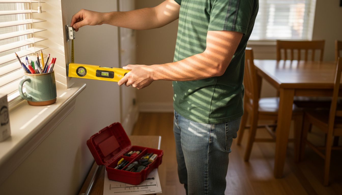 Man measures and installs curtain rod