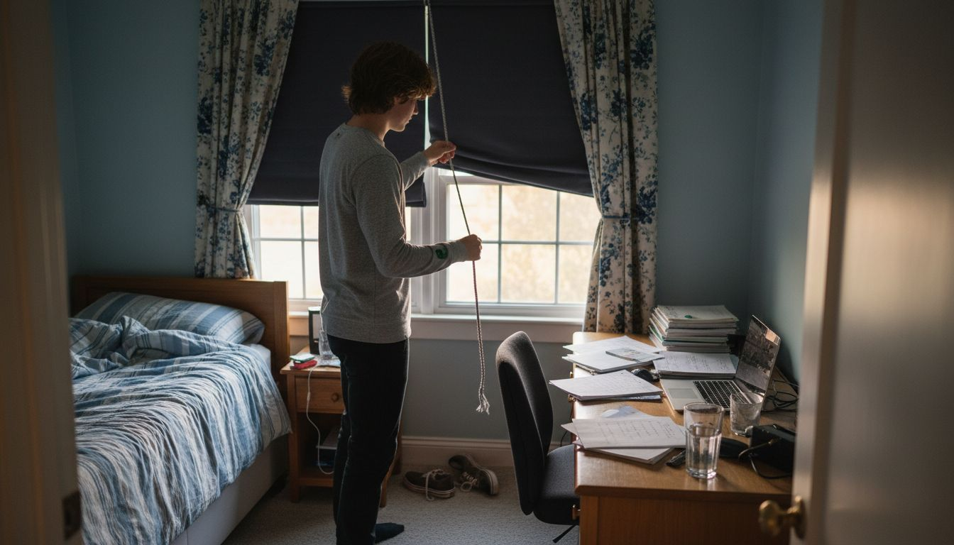 Teen layering blackout shades behind drapes