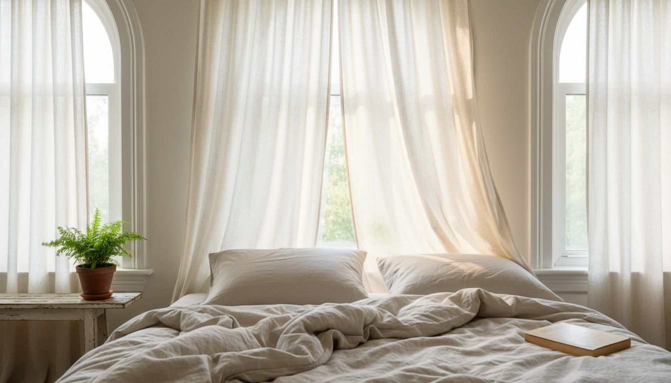 Natural cotton curtains in a sunlit bedroom