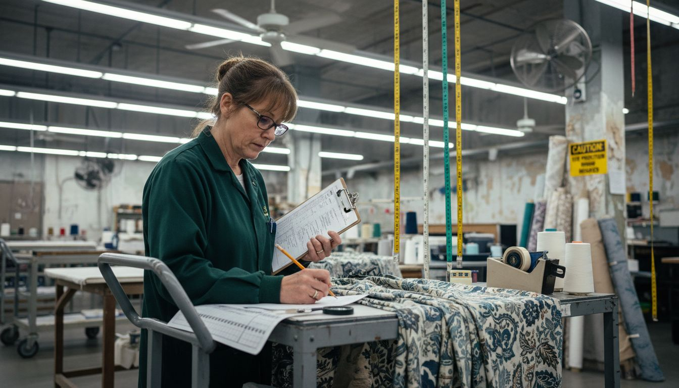 Inspector reviewing drapery fabric and checklist