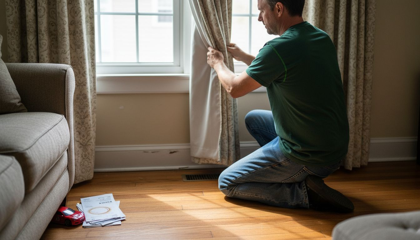 Man inspecting curtain lining for energy efficiency