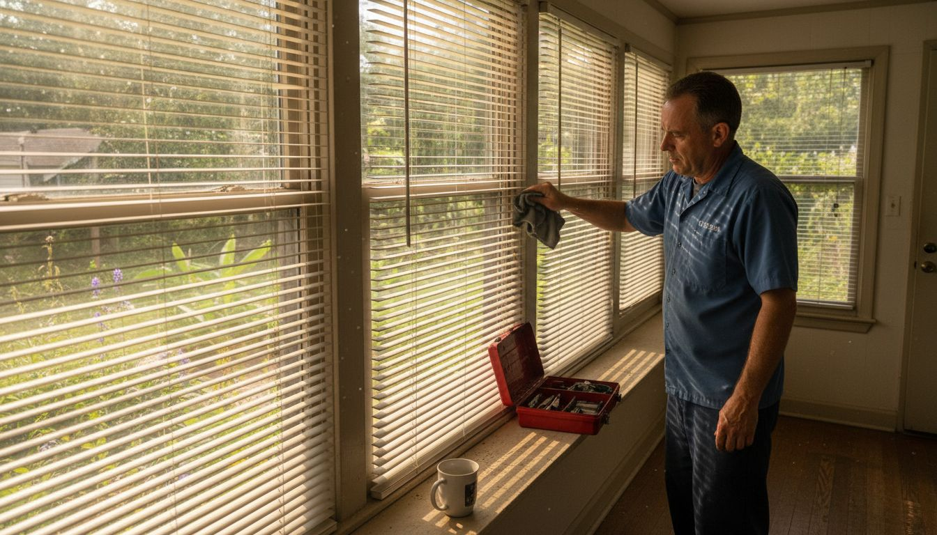 Worker cleaning blinds in sunlit South Carolina home