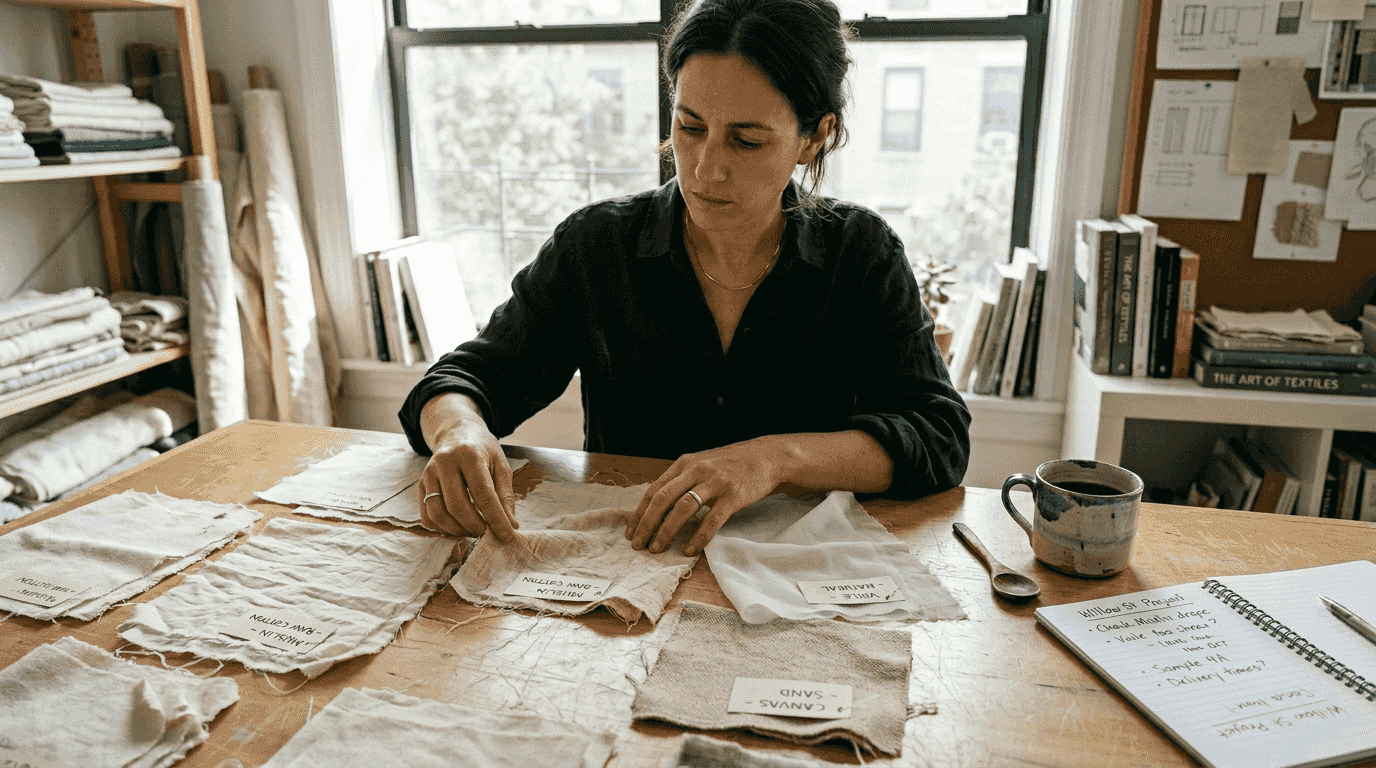 Designer comparing cotton curtain fabric samples