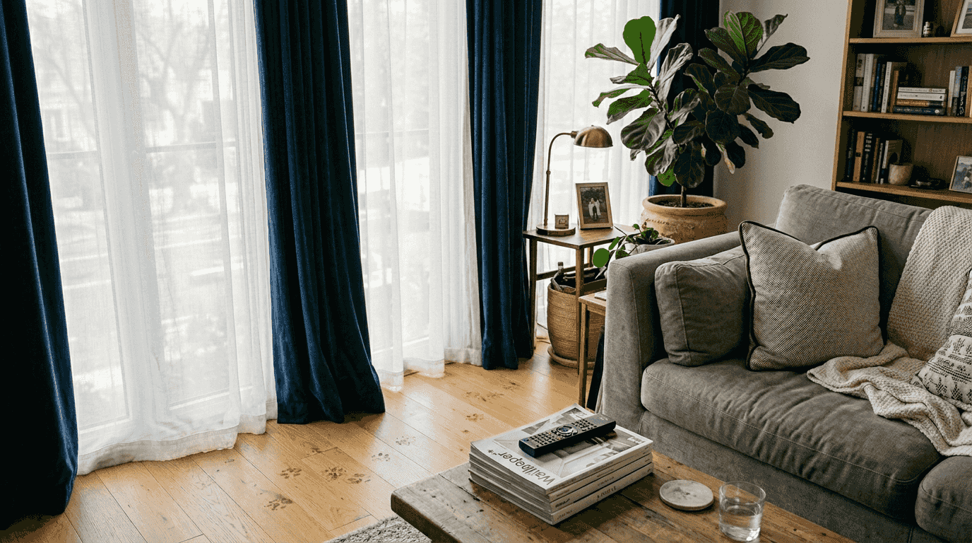 Layered window treatments in lived-in living room