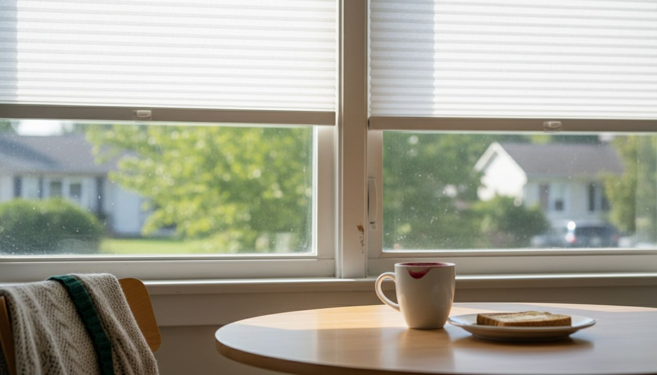 Close-up cellular shade insulating window breakfast nook