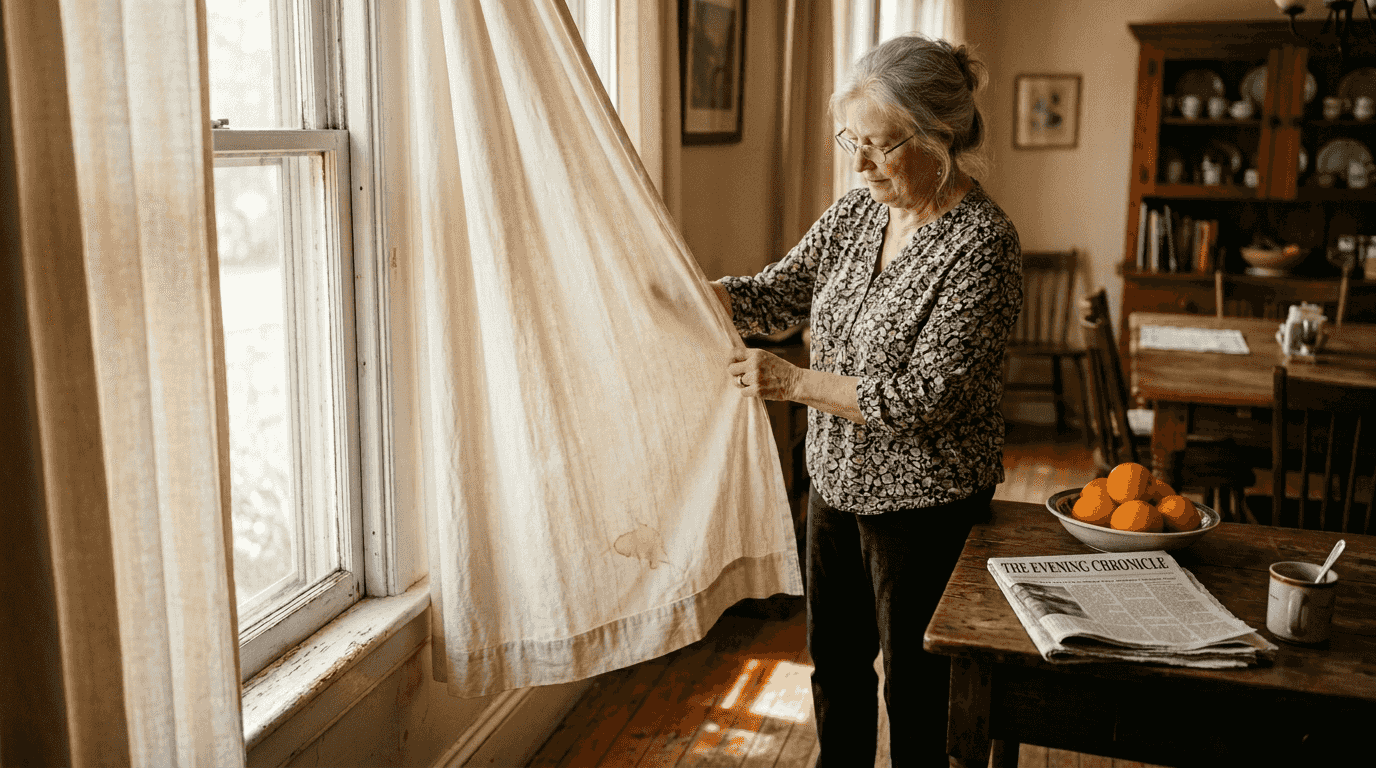 Older woman adjusts drapery for light control