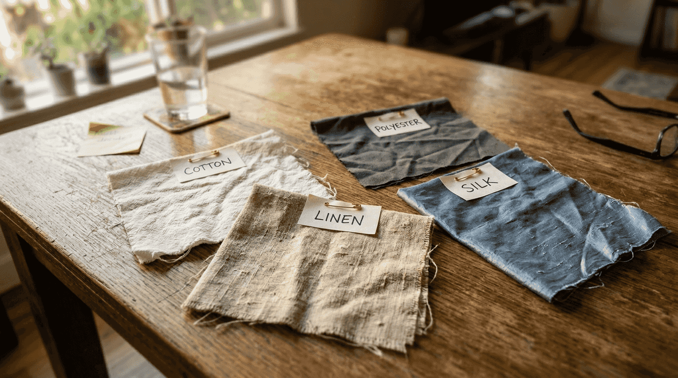 Four curtain fabric samples on table