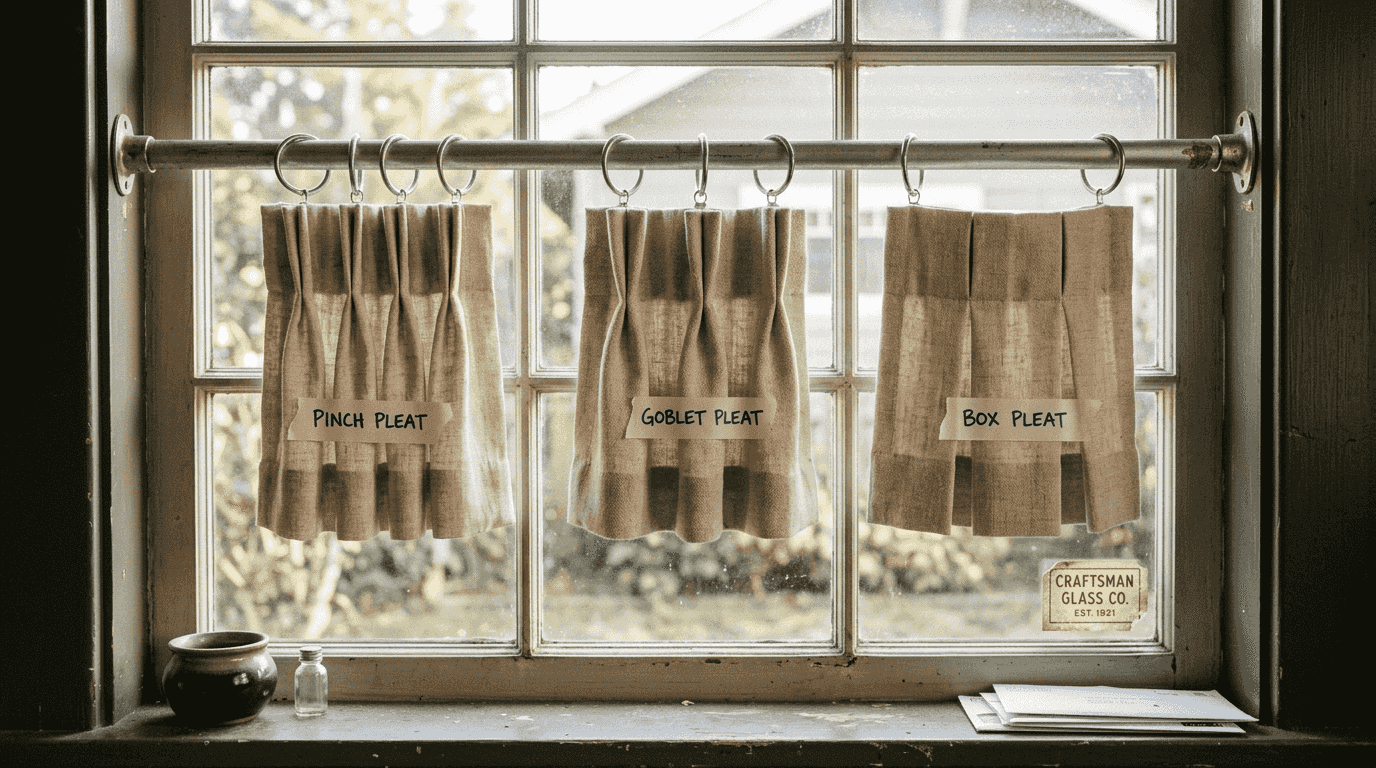 Curtain samples with different pleat types on a rod