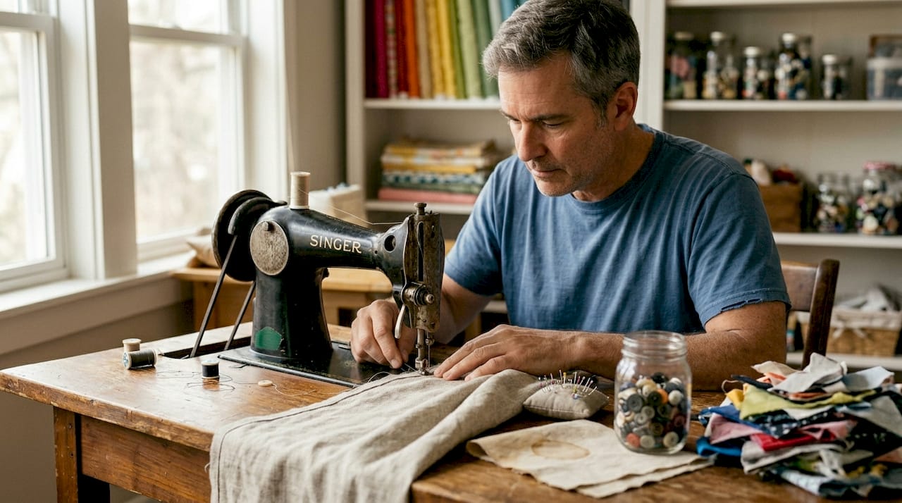 Man sewing linen curtain panel at workbench