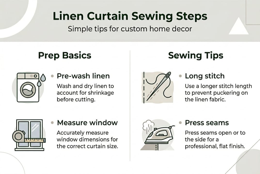 Infographic of steps and tips for linen curtain sewing