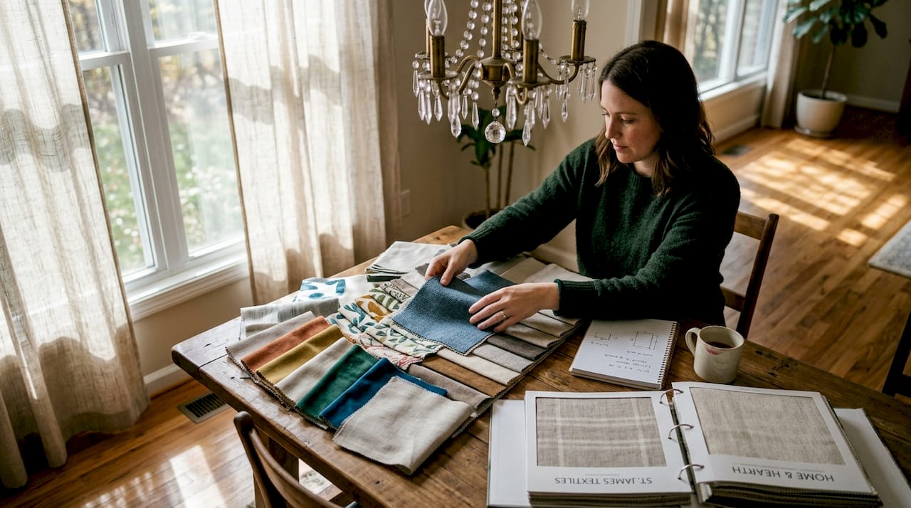Hands sorting curtain fabric samples on table