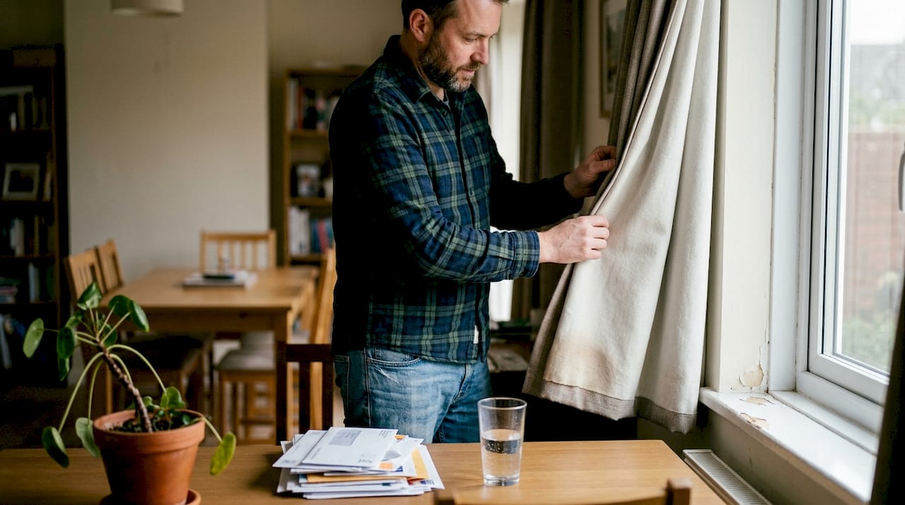Homeowner adjusting insulated thermal-lined curtains
