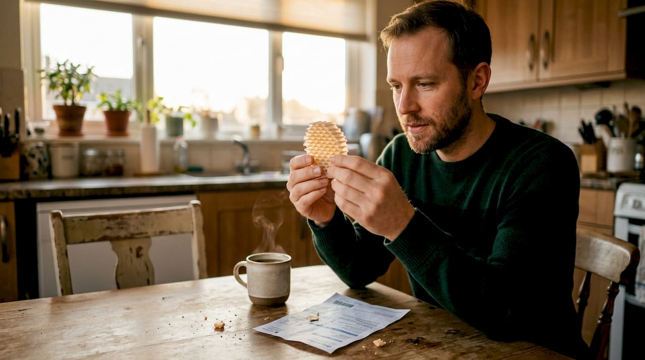 Man examining cellular shade sample at kitchen table