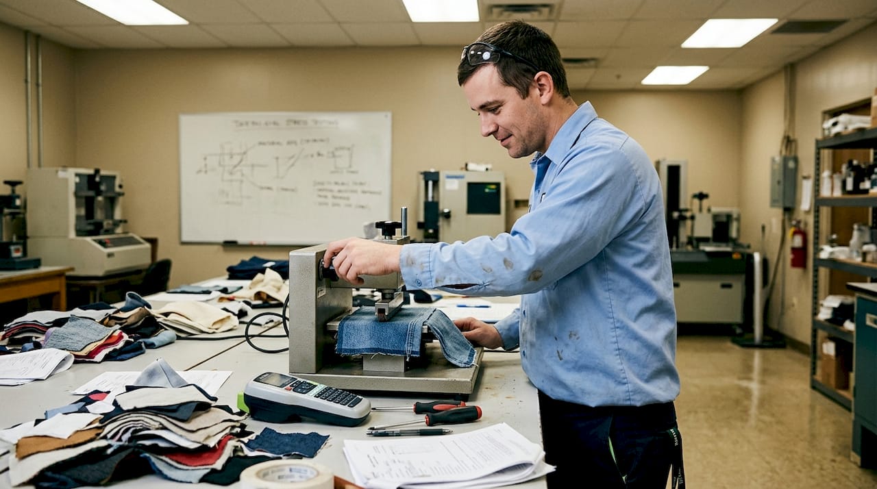 Technician performing durability test on upholstery fabric