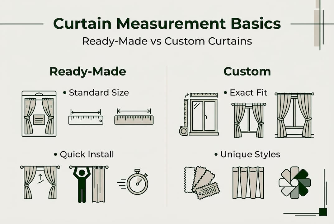 Infographic comparing ready-made and custom curtain measurement