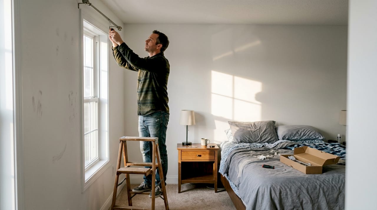 Man installing curtain rod near ceiling