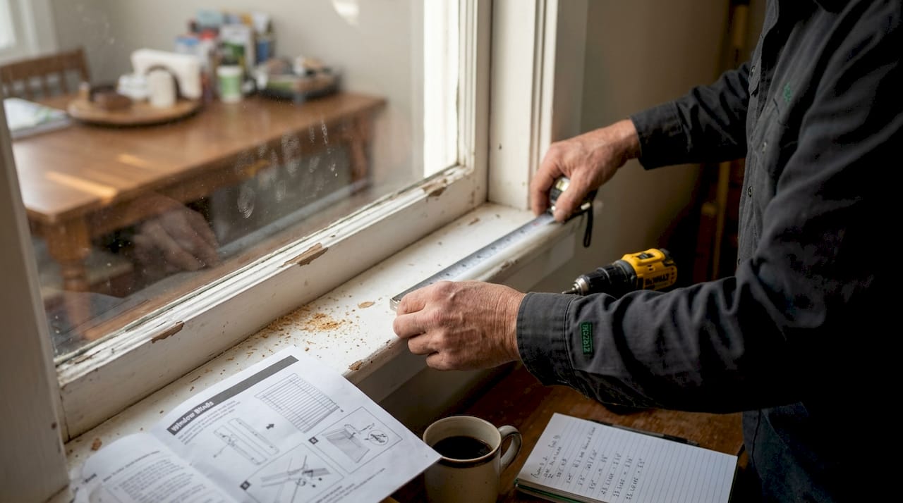 Close-up of hands measuring window frame