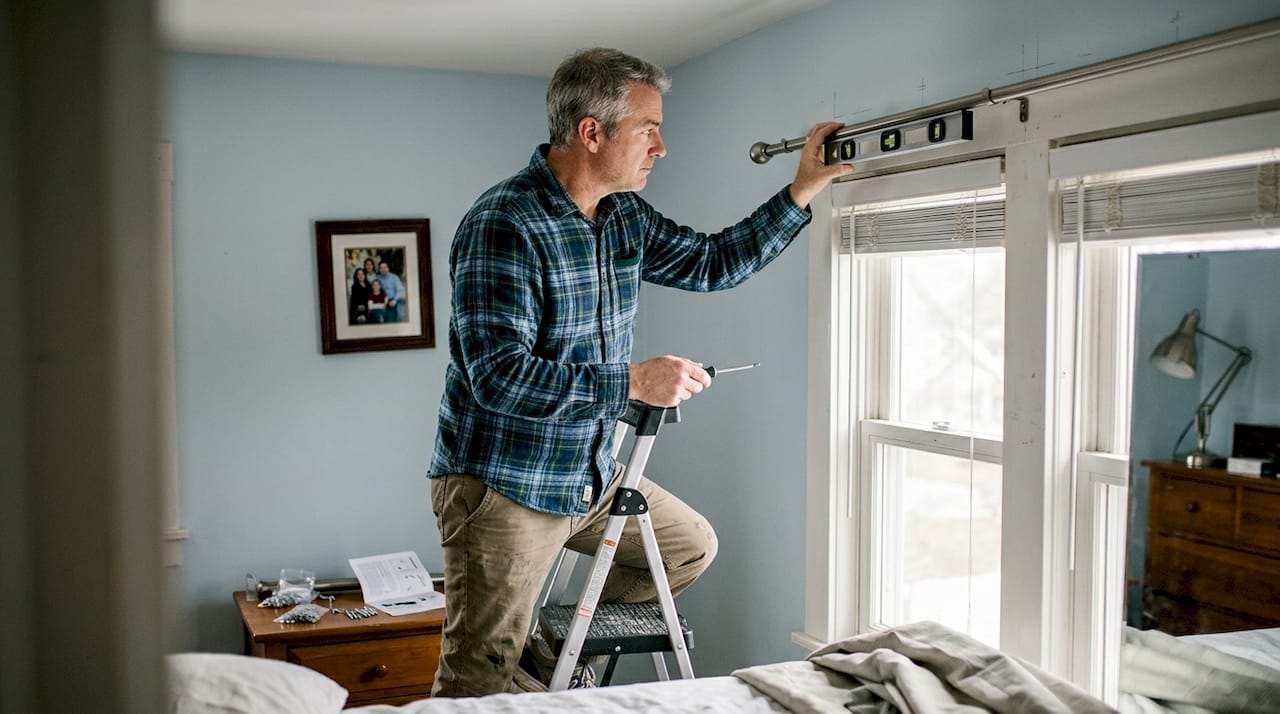 Man installing drapery rod above bedroom window