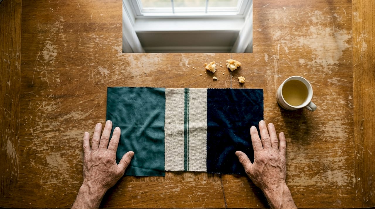 Hands comparing different fabric textures on table