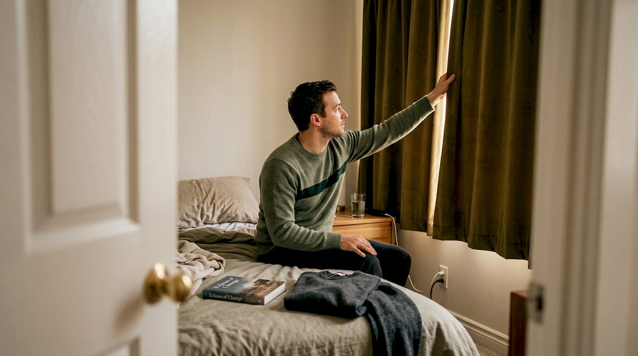 Man closing velvet curtain in cozy bedroom