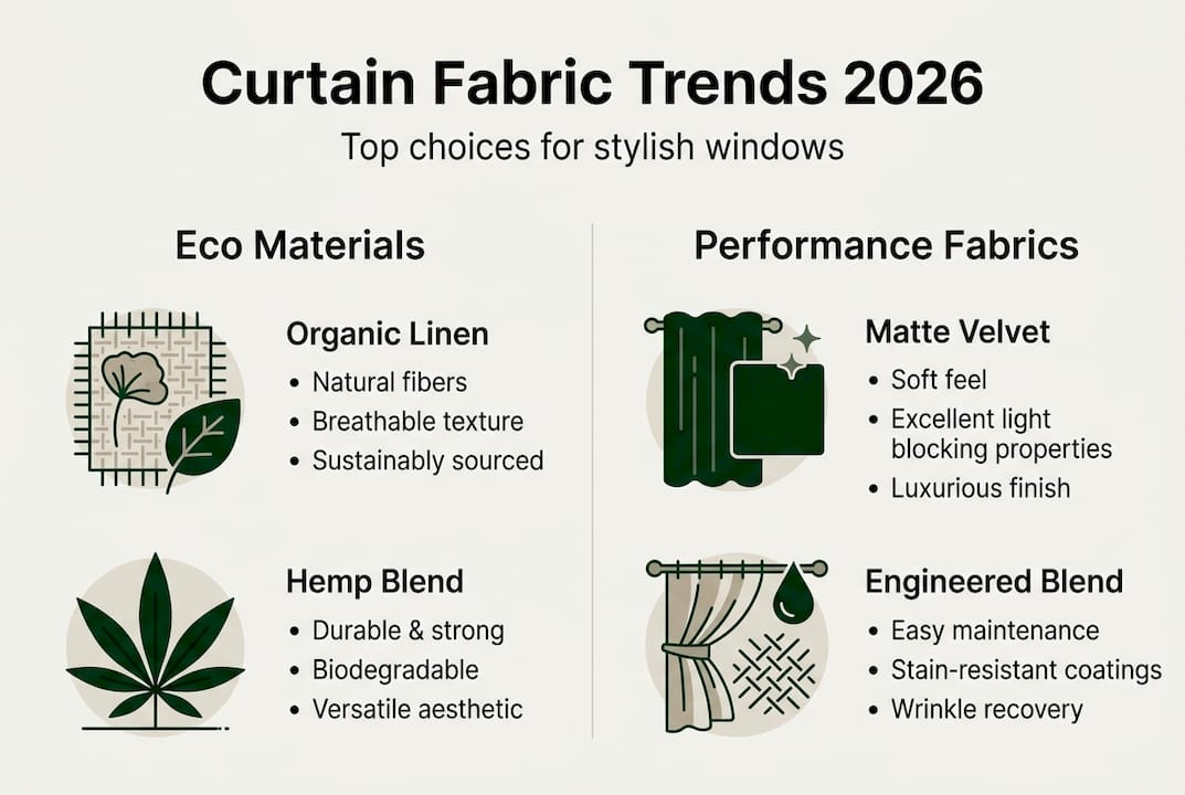 Infographic showing top curtain fabric trends 2026