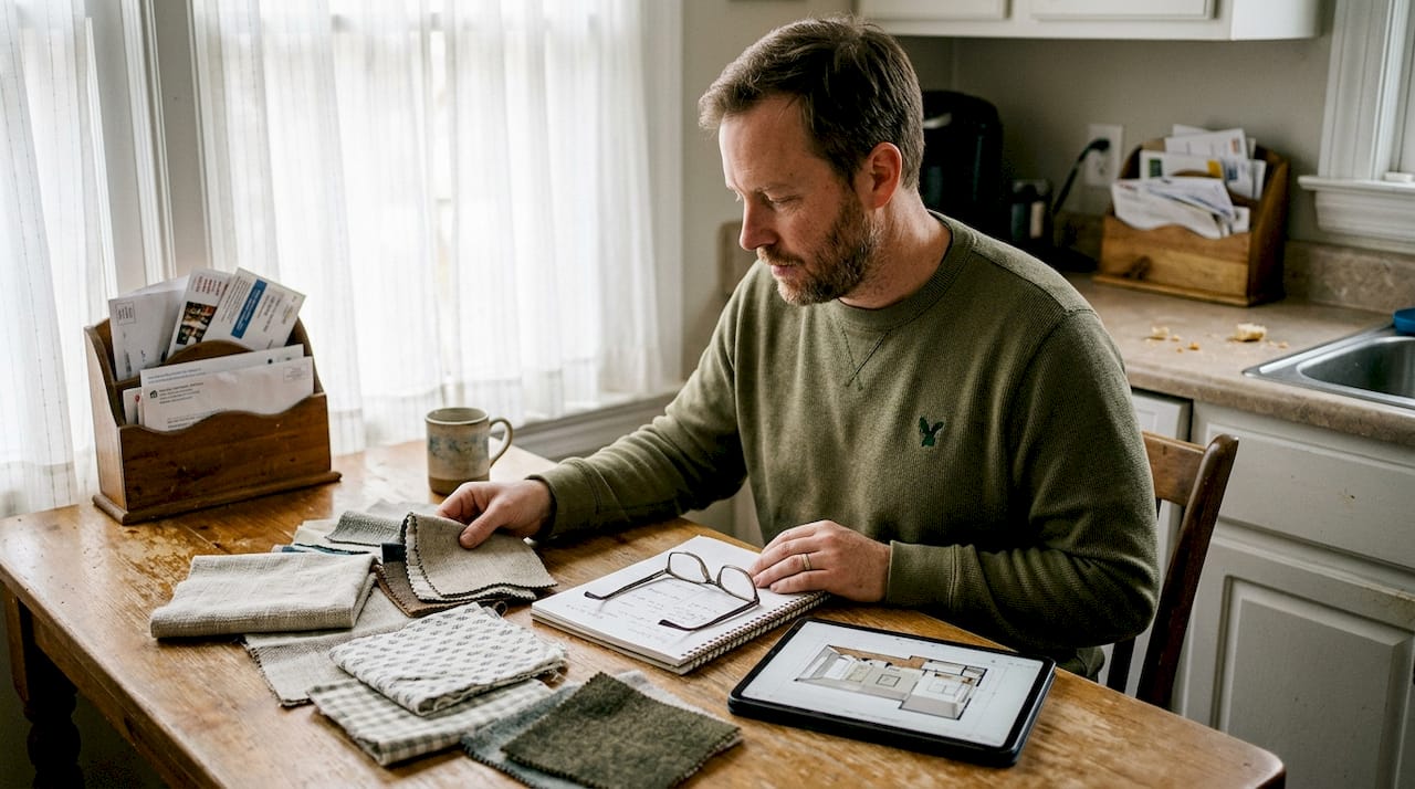 Man comparing window fabric samples at table