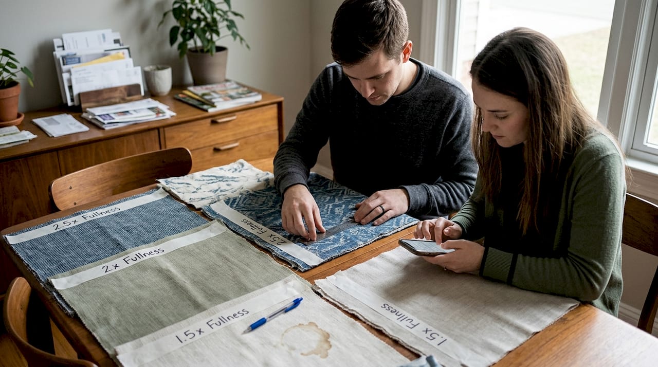 Couple compares drapery fabric samples at home
