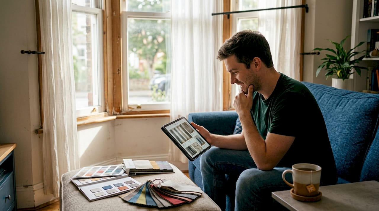 Man browsing curtain fabric samples