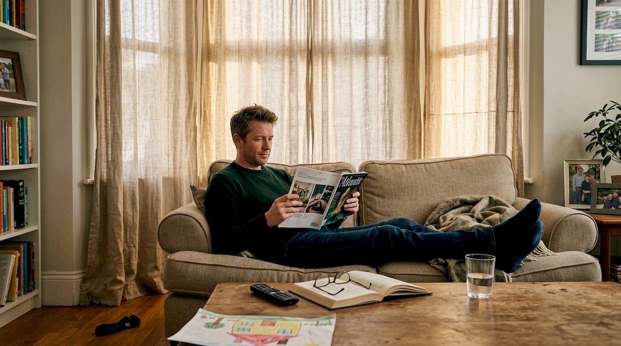 Man reading near fully lined curtains in family room