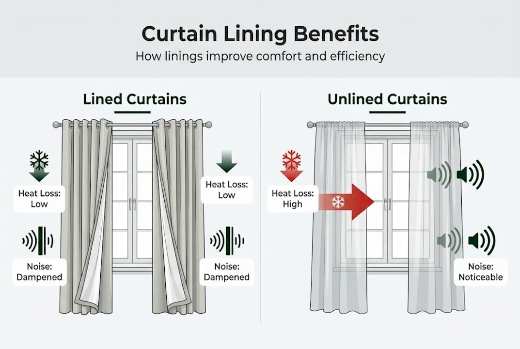 Infographic showing lined vs unlined curtain benefits
