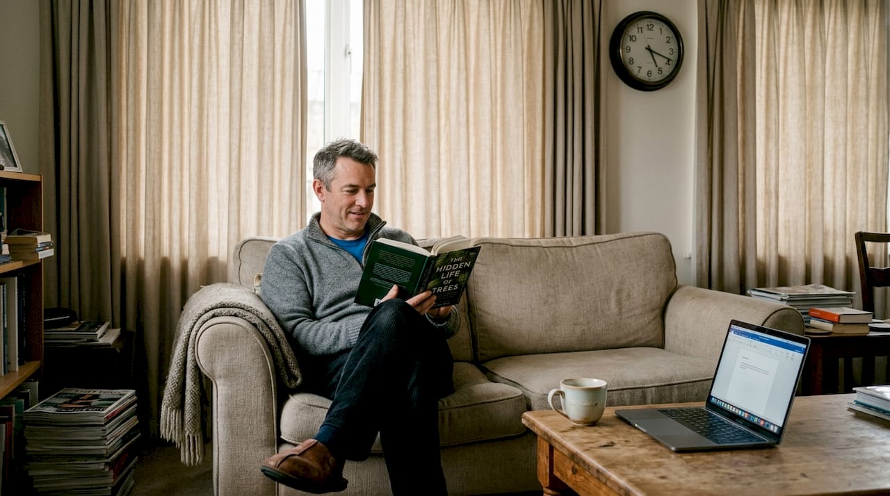 Man reading by window with lined curtains
