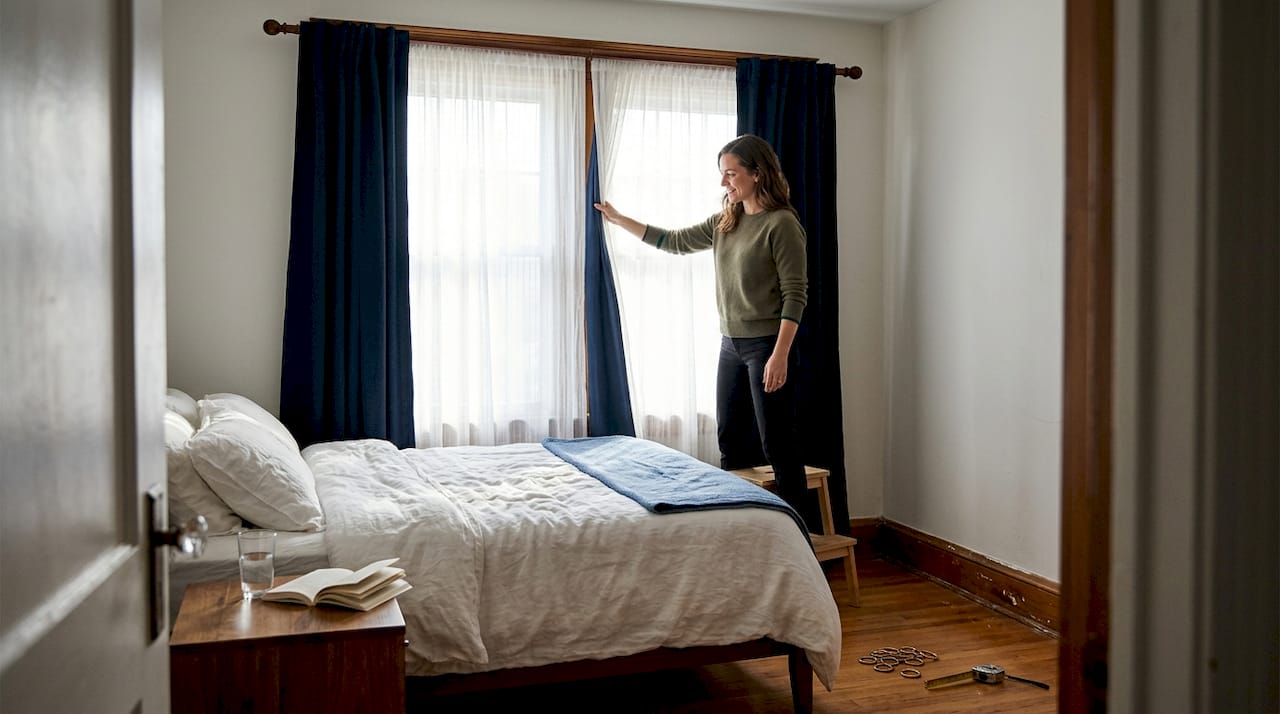 Person layering sheer and heavy curtains in bedroom