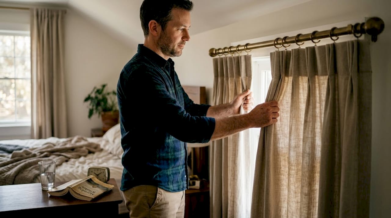 Man opening pinch pleat curtains close up