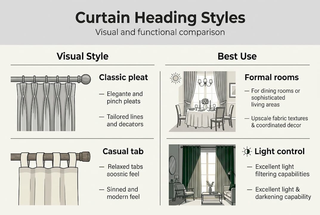 Infographic comparing curtain heading styles