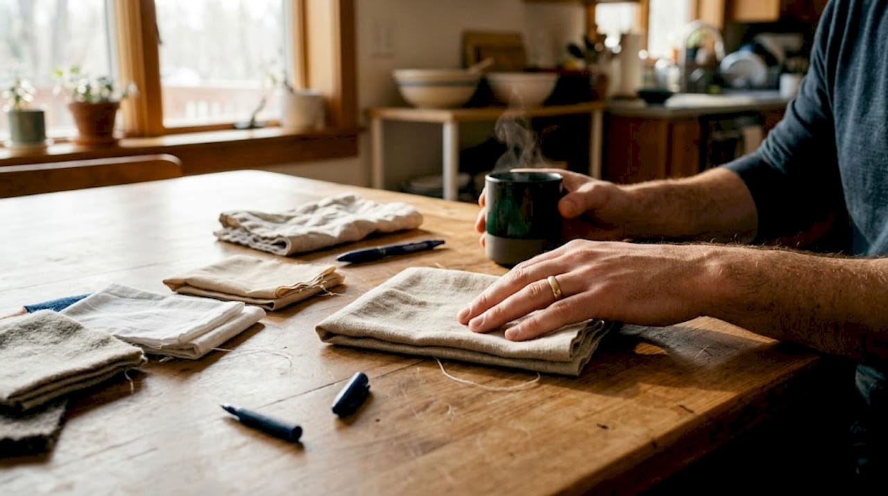 Hands touching natural fiber fabric swatches