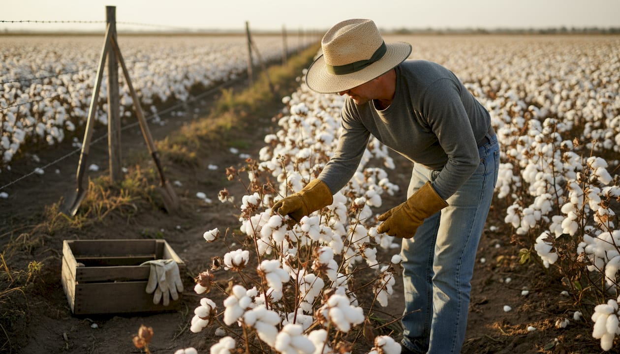 Worker inspecting cotton bolls in field