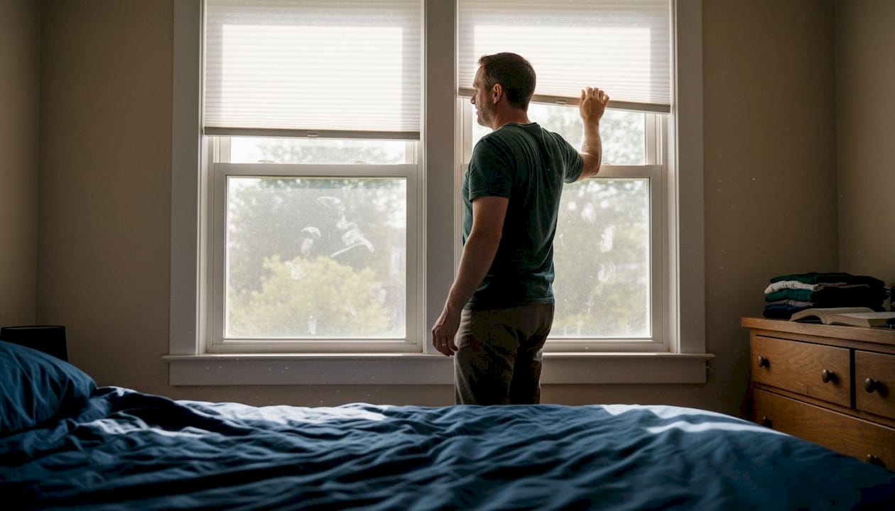 Man closing cellular shades to block sunlight