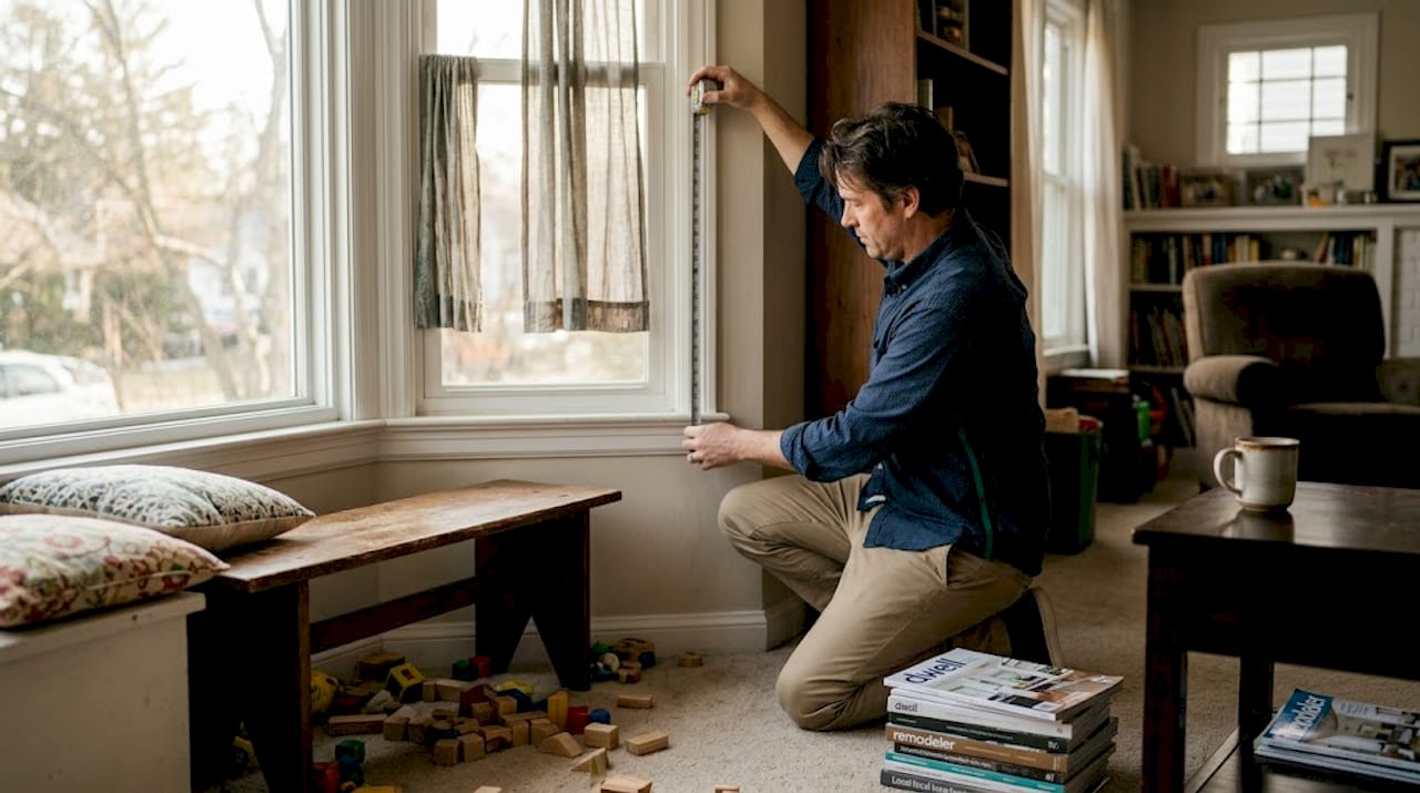 Homeowner measures window for custom drapes