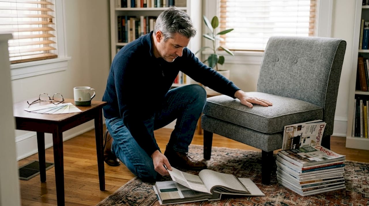 Man testing upholstery fabric on chair