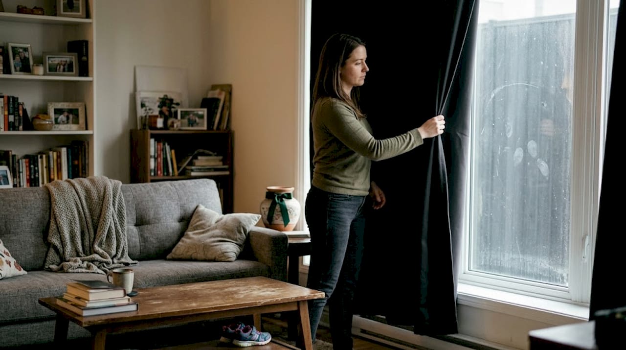 Closing blackout curtains in lived-in living room