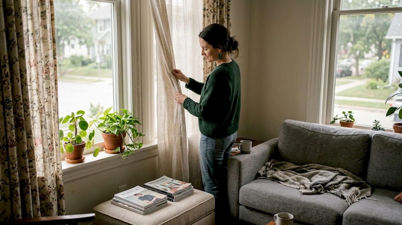 Person layering drapes and sheer curtains in living room