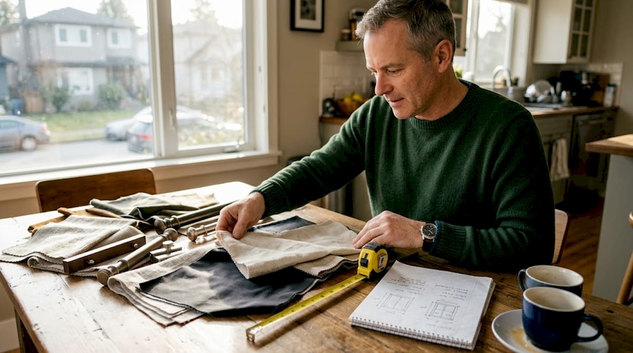 Man selecting window fabrics and hardware at kitchen table